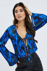 Blue Abstract Top Long Sleeve V-Neck Tie Front