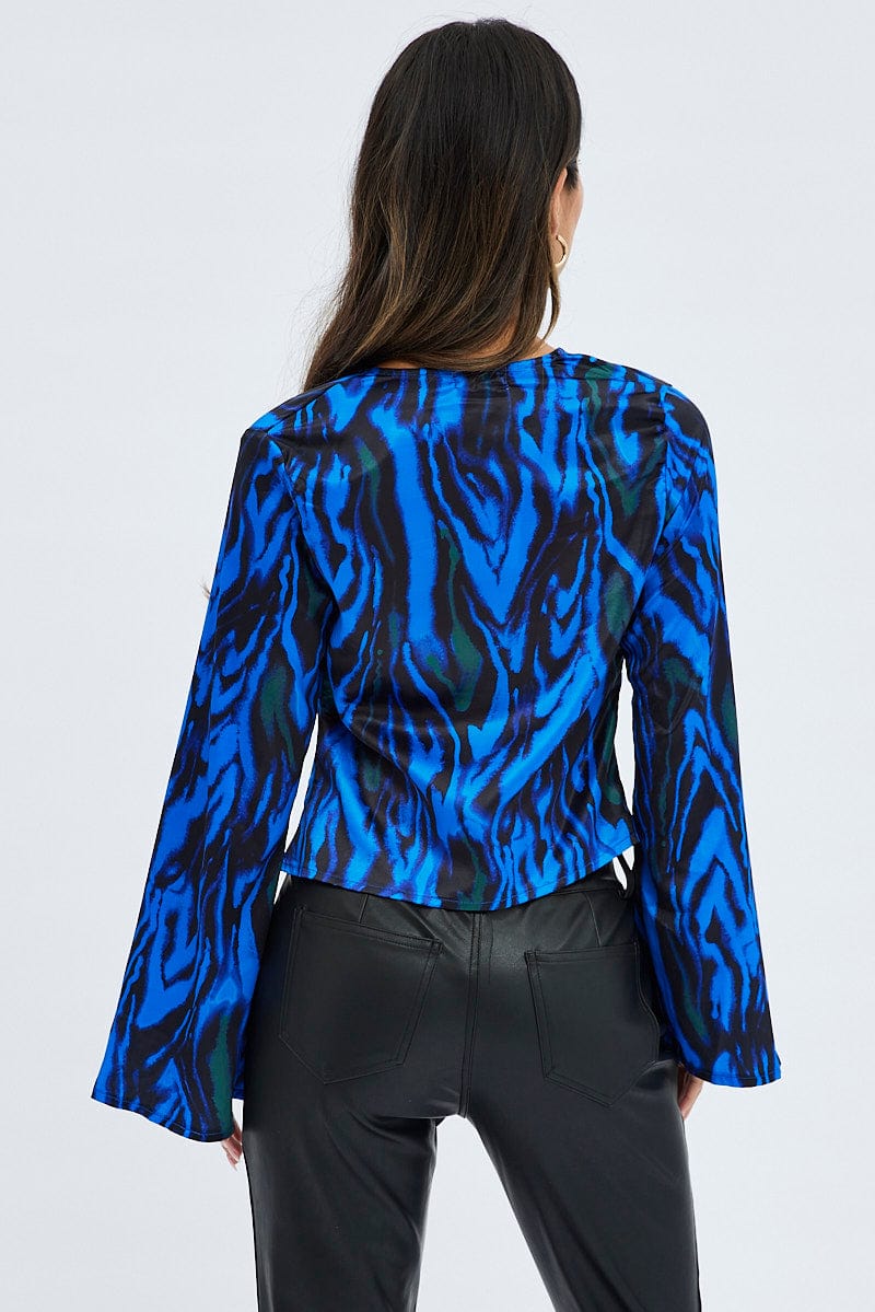 Blue Abstract Top Long Sleeve V-Neck Tie Front