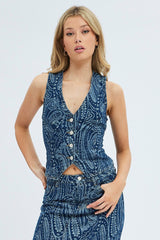 Denim Vest V-Neck Button Up Paisley Denim