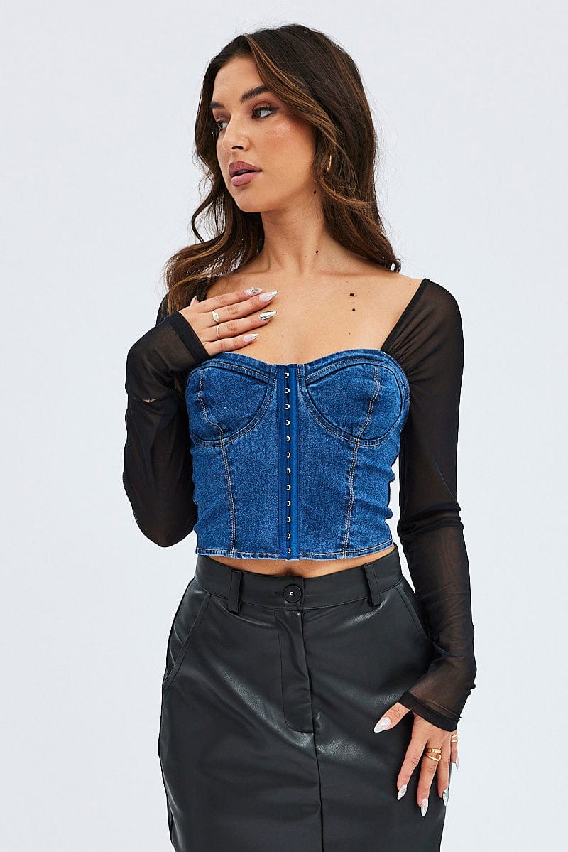 Denim Top Long Sleeve Sweetheart Hook & Eye Stretch