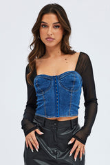 Denim Top Long Sleeve Sweetheart Hook & Eye Stretch