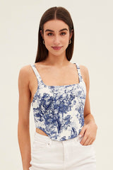 Blue Print Corset Top Sleeveless Square Neck Crop