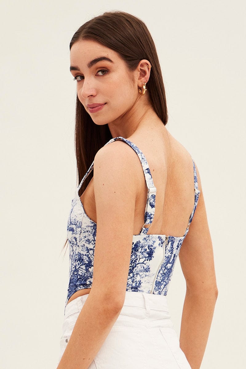 Blue Print Corset Top Sleeveless Square Neck Crop