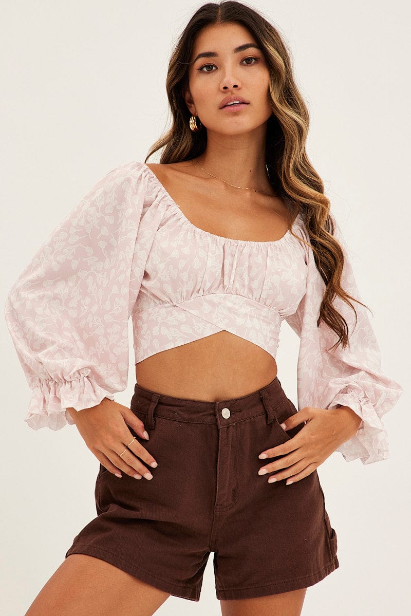 Print Crop Top Long Sleeve