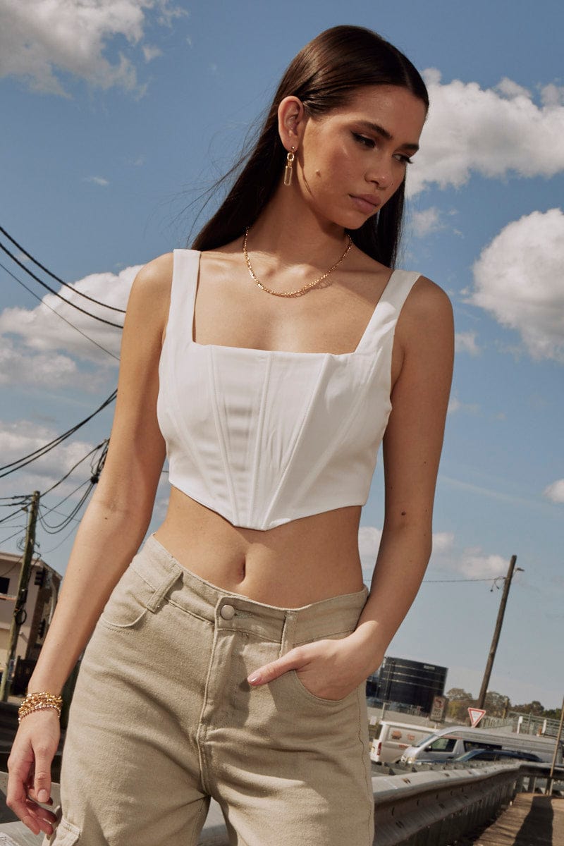 White Corset Top Sleeveless Square Neck Crop Structured