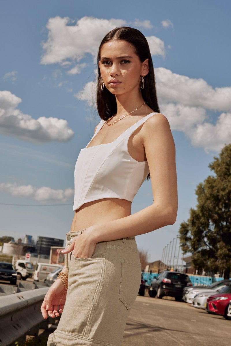 White Corset Top Sleeveless Square Neck Crop Structured