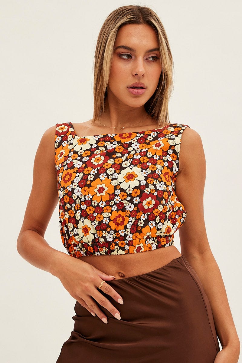 Print Crop Top Linen Blend