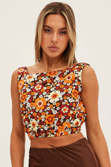 Print Crop Top Linen Blend