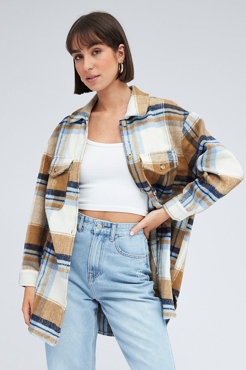 Brown Check Long Checked Print Jacket Long Sleeves