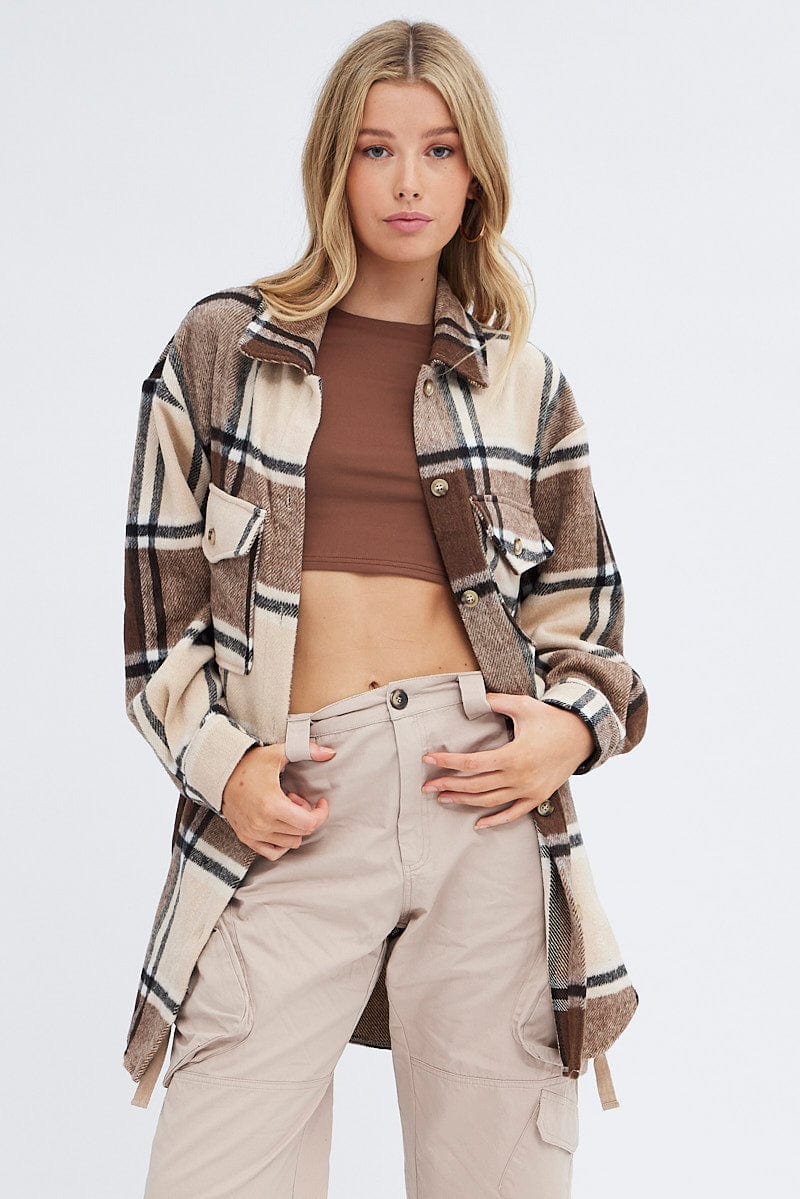 Brown Check Shirt Collar Long Sleeve Check