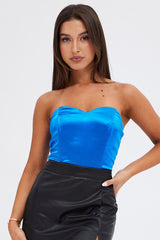 Blue Bodysuit Sleeveless Sweetheart Satin Stretch