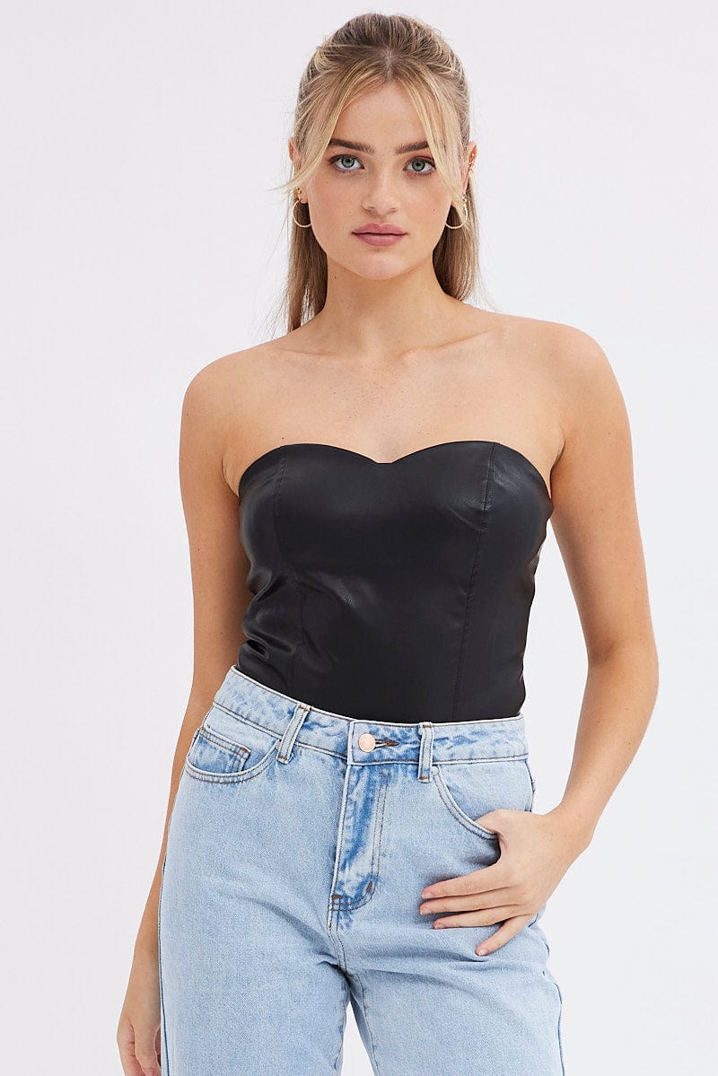 Black Bodysuit Sleeveless Sweetheart Faux Leather