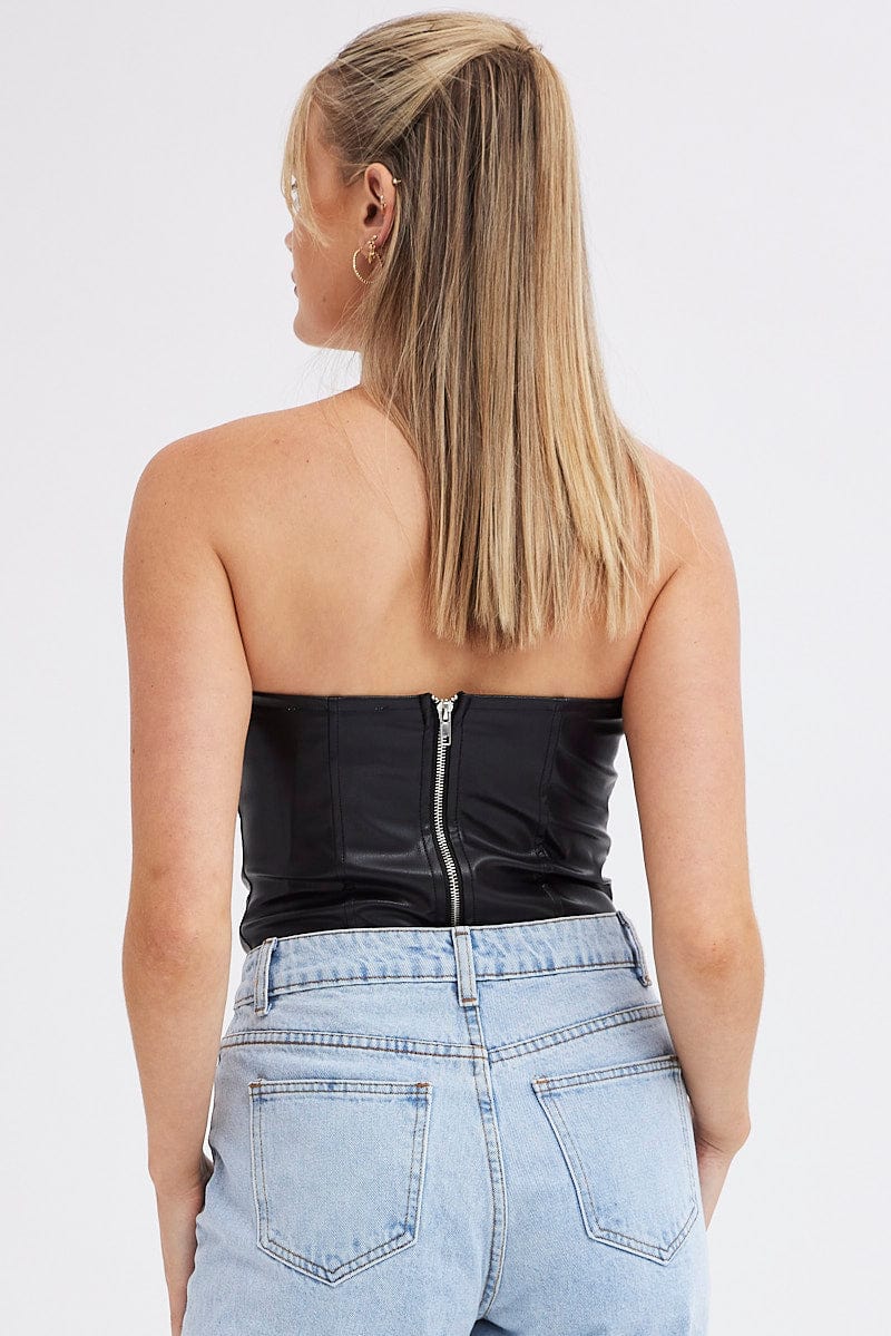 Black Bodysuit Sleeveless Sweetheart Faux Leather