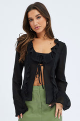 Black Tie Front Top Long Sleeve V Neck Ruffled Frills