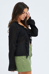 Black Tie Front Top Long Sleeve V Neck Ruffled Frills