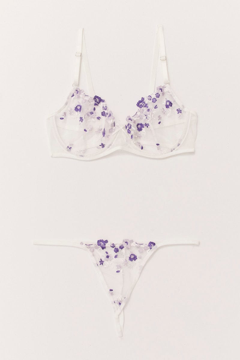 Purple Floral Embroidered Lingerie Set