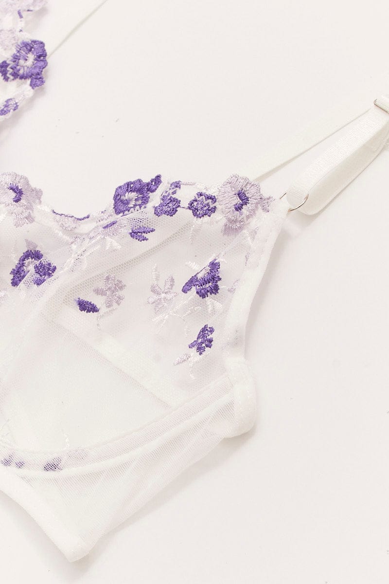 Purple Floral Embroidered Lingerie Set