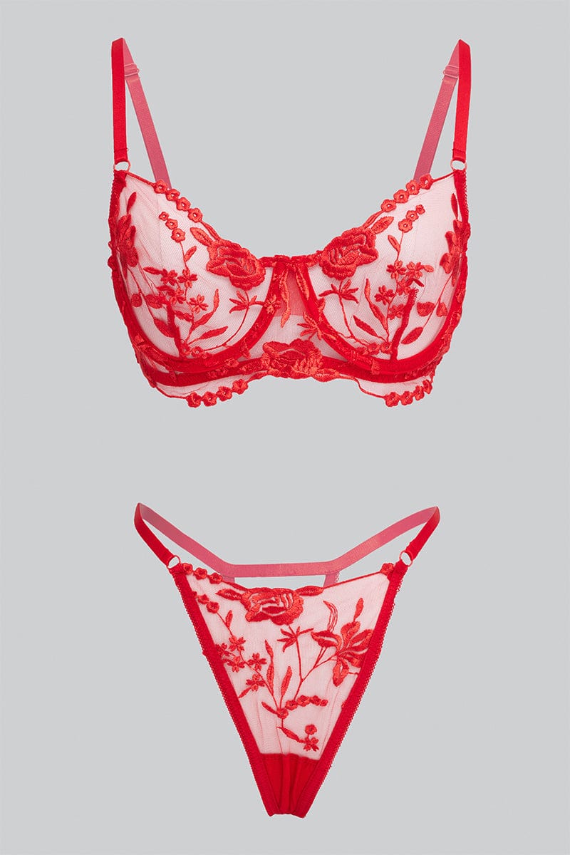 Red Floral Embroidered Lingerie Set