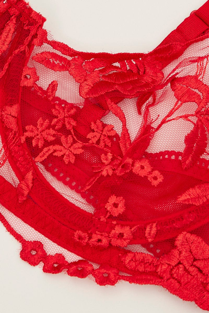 Red Floral Embroidered Lingerie Set